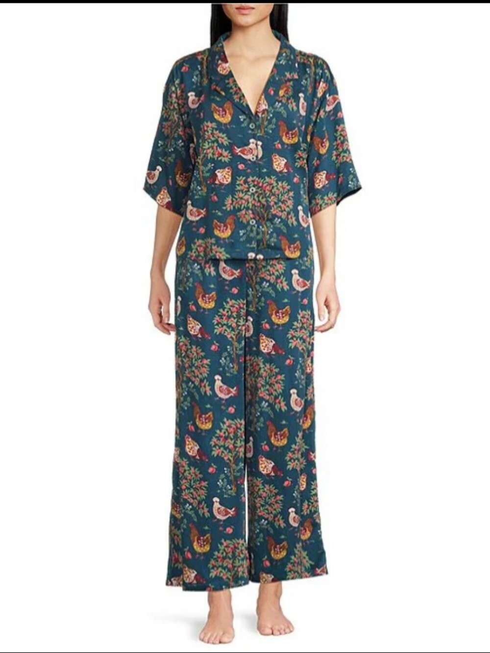 Printfresh Hen House Thermoregulating 3/4 Sleeve Notch Collar Pajama Set Size L
